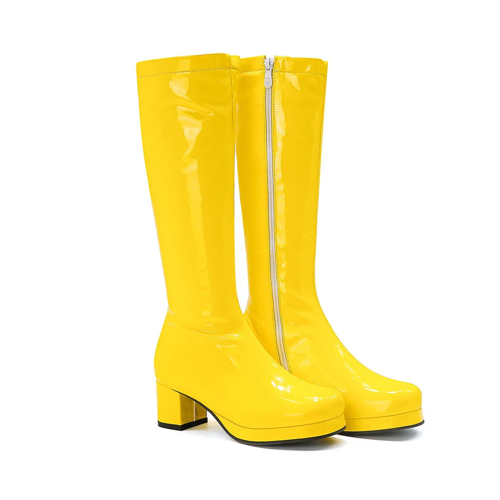 Polished Round Toe Platform Chunky Heel Mid Calf Boots - YelLow - Image 2