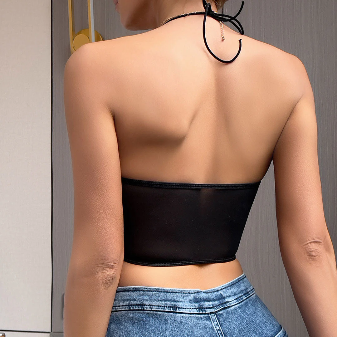 Polished Ruched Sweetheart Sheer Mesh Satin Crop Corset Top - Black - Image 4