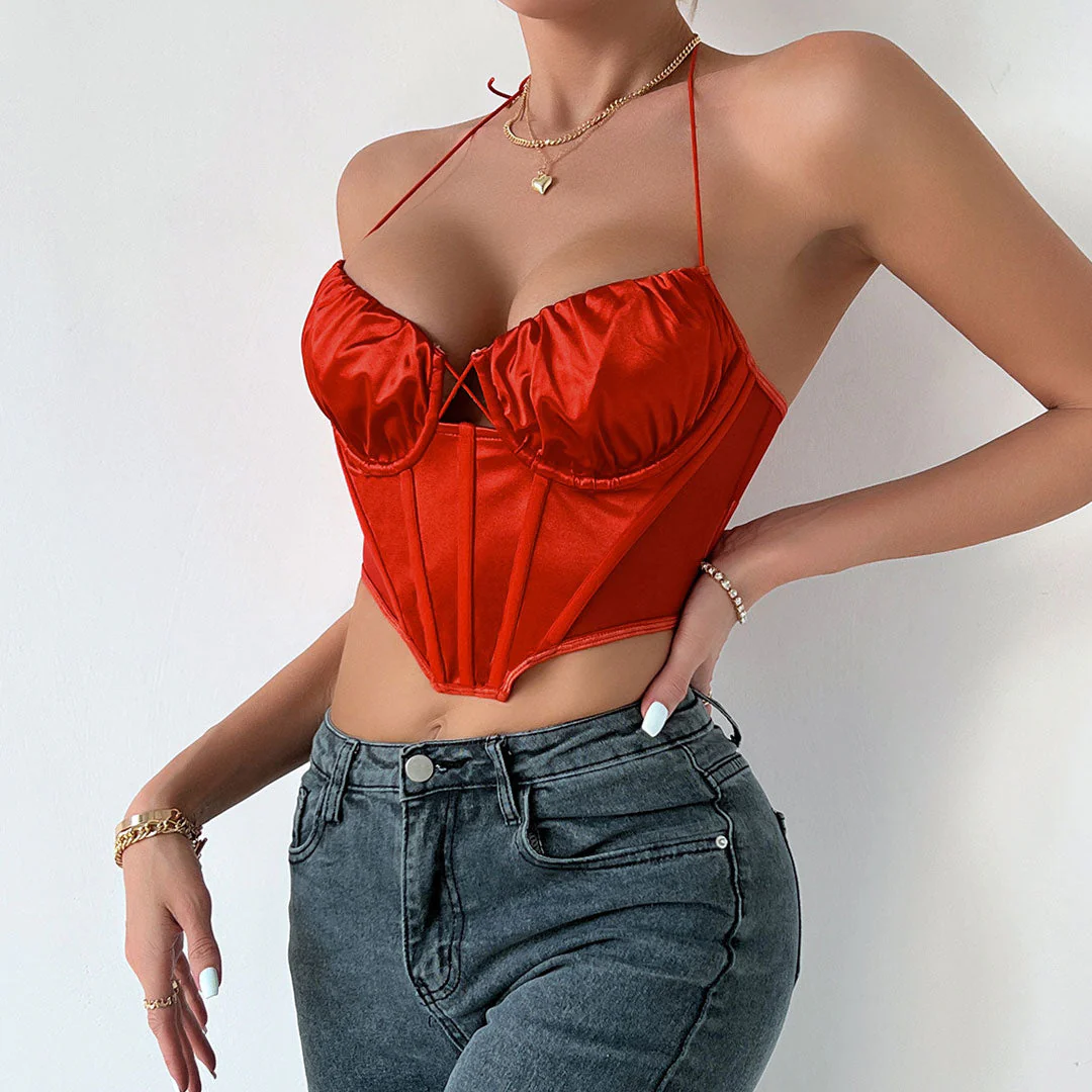 Polished Ruched Sweetheart Sheer Mesh Satin Crop Corset Top - Orange Red - Image 3