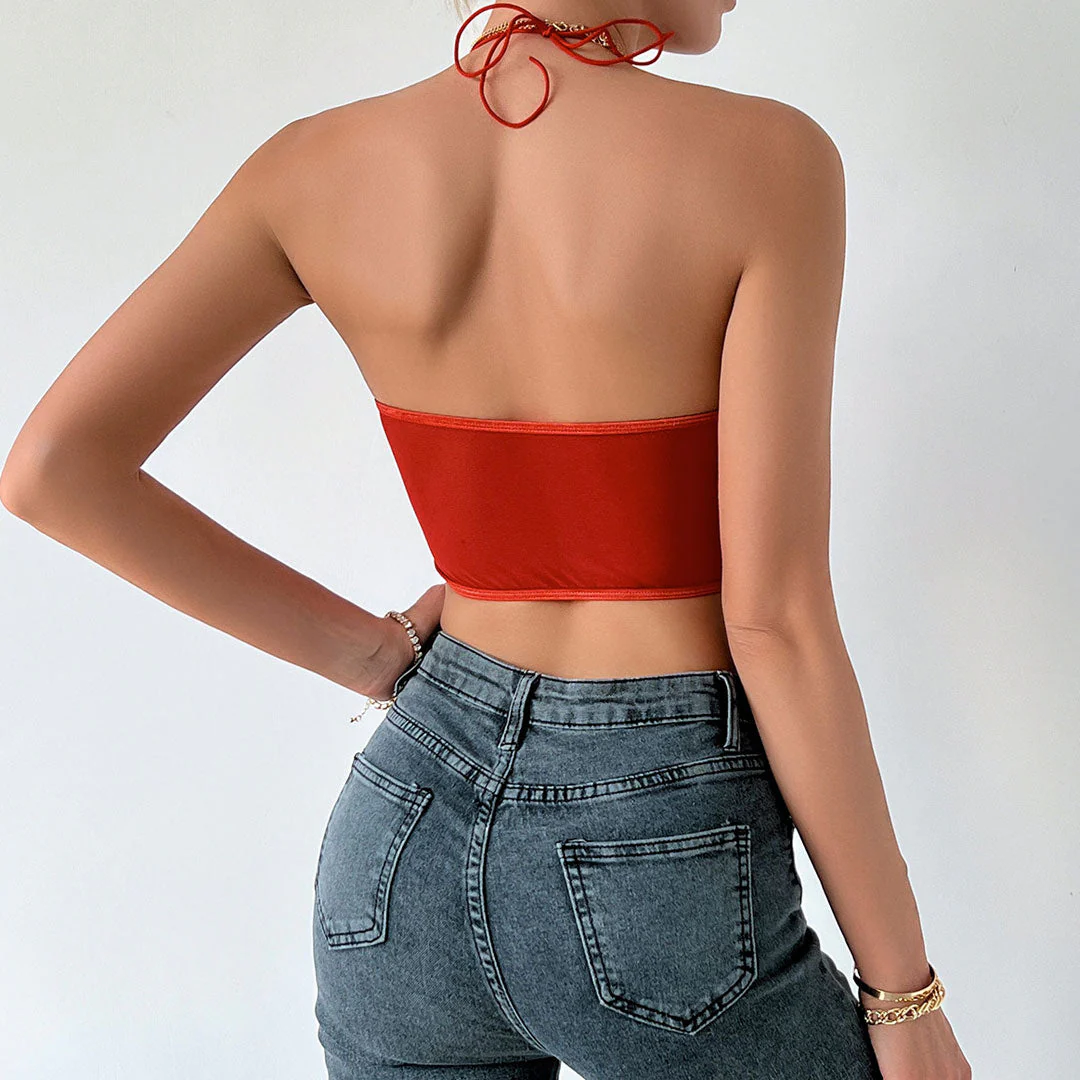 Polished Ruched Sweetheart Sheer Mesh Satin Crop Corset Top - Orange Red - Image 4