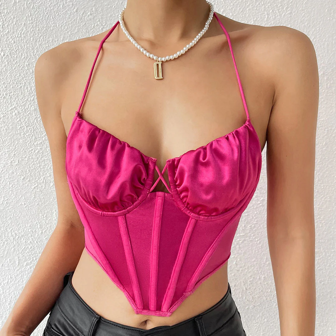 Polished Ruched Sweetheart Sheer Mesh Satin Crop Corset Top - Rose - Image 2