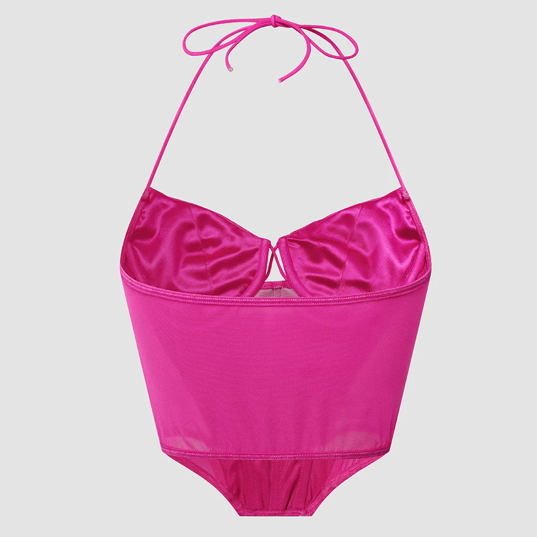 Polished Ruched Sweetheart Sheer Mesh Satin Crop Corset Top - Rose - Image 6