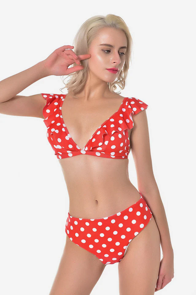 Polka Dot High Waist Ruffle Bikini - Image 10