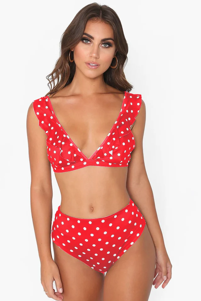 Polka Dot High Waist Ruffle Bikini - Image 4