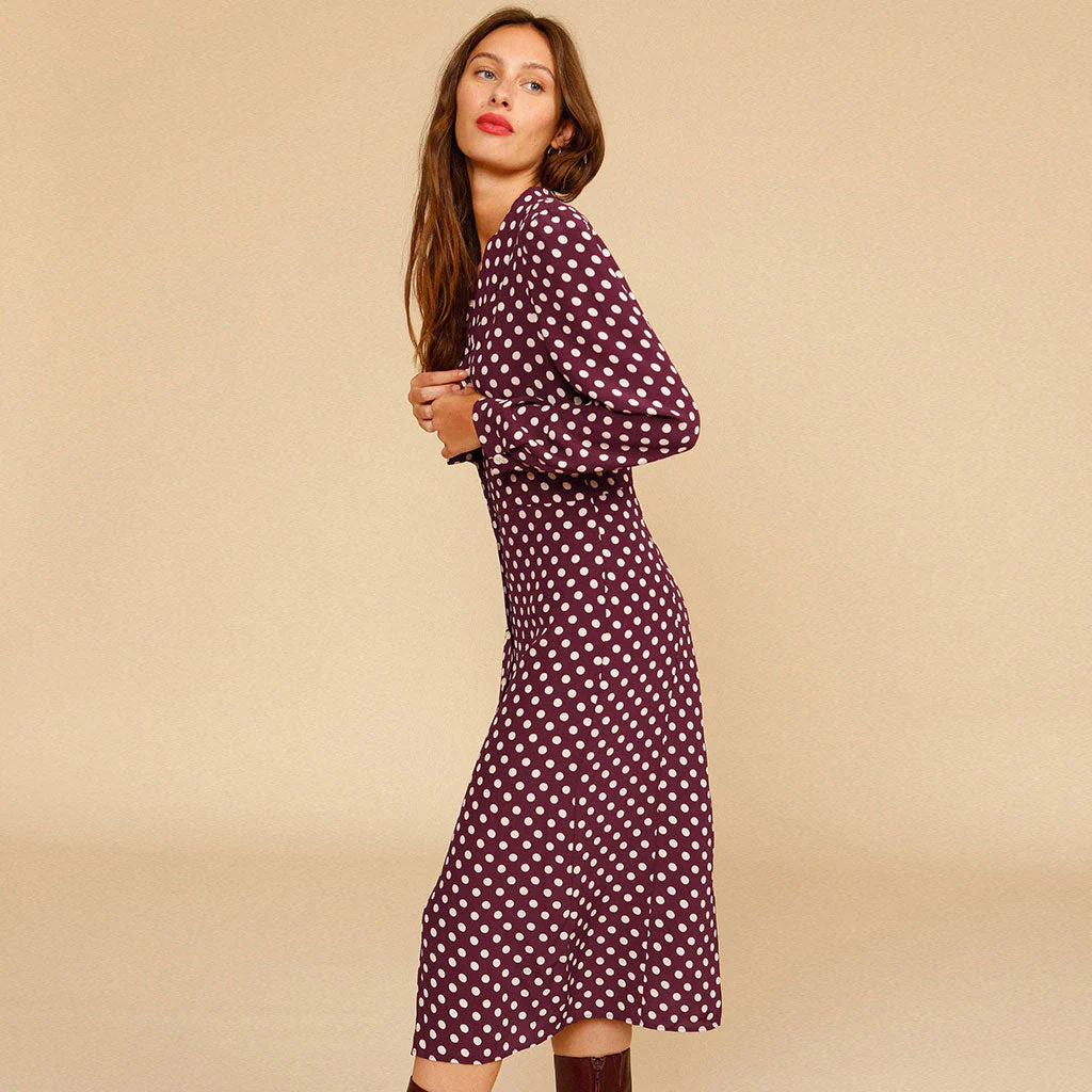 Polka Dot Long Sleeve Pearl Button V Neck Midi Dress - Burgundy - Image 2