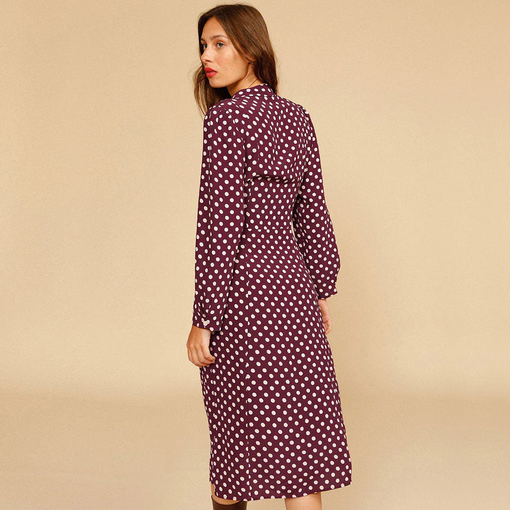 Polka Dot Long Sleeve Pearl Button V Neck Midi Dress - Burgundy - Image 3