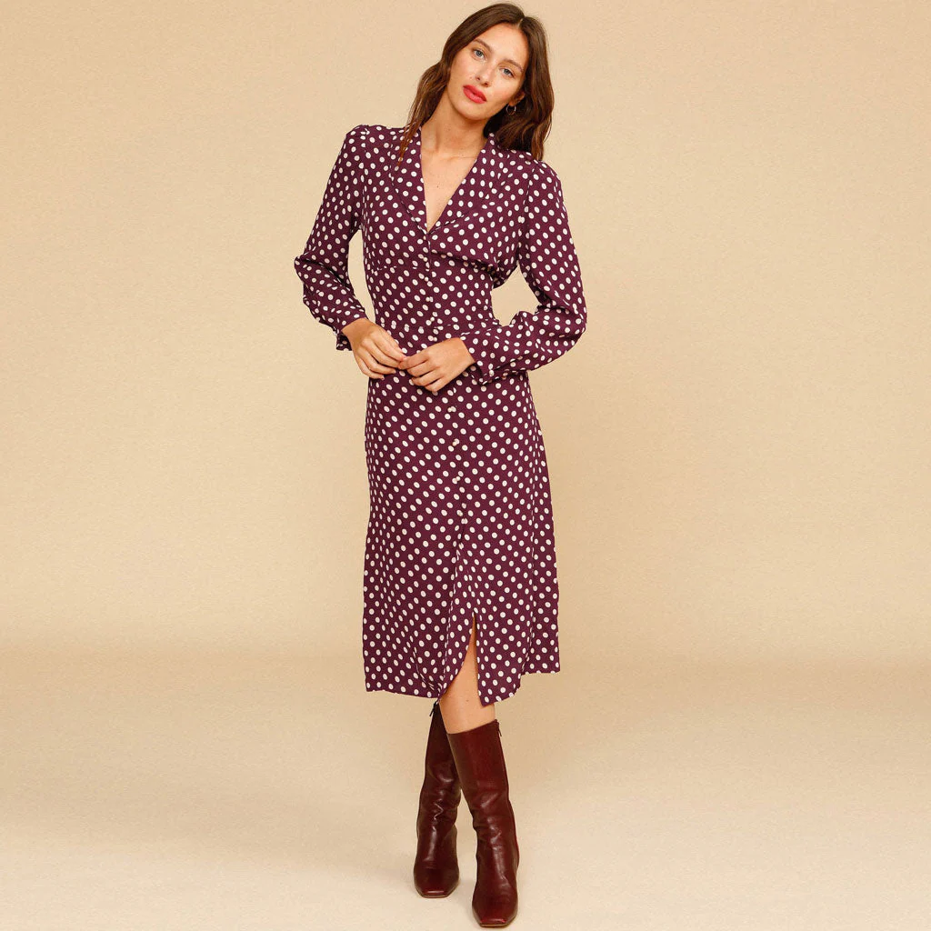 Polka Dot Long Sleeve Pearl Button V Neck Midi Dress - Burgundy - Image 4