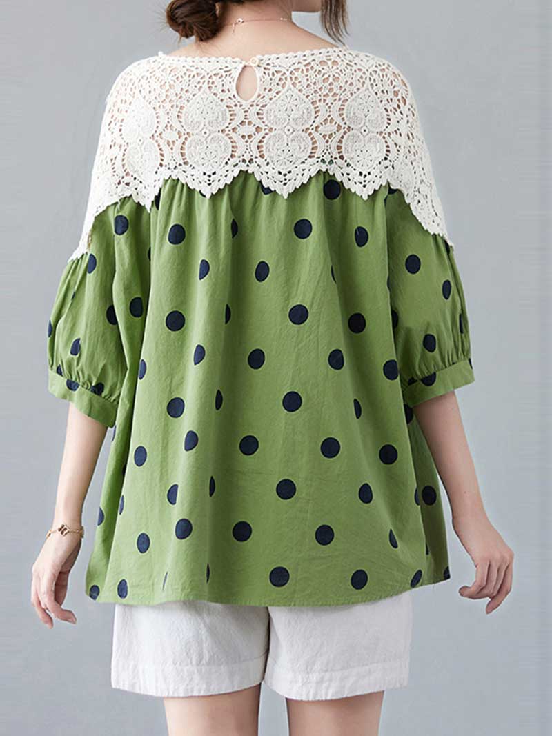 Polka Dot Print Cotton Floral Net Lace Shirt Top - Image 2