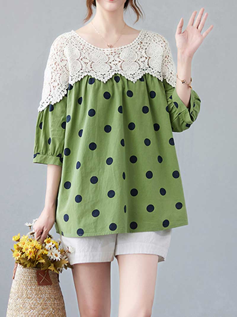 Polka Dot Print Cotton Floral Net Lace Shirt Top - Image 3
