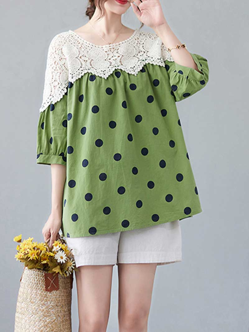 Polka Dot Print Cotton Floral Net Lace Shirt Top - Image 4