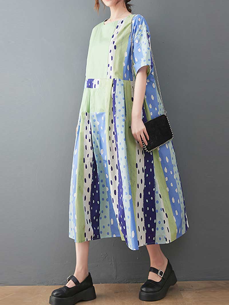 Polka Dot Print Round-Neck Short Sleeves A-Line Dress Dress - Image 3
