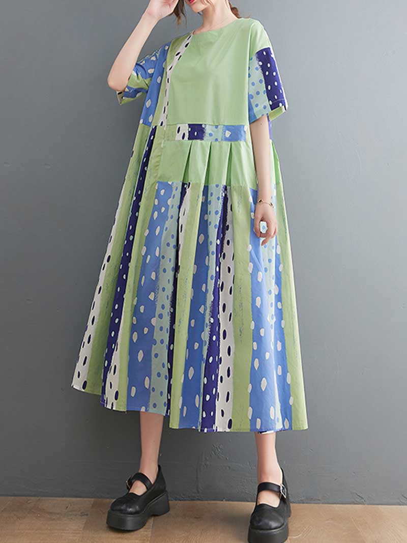 Polka Dot Print Round-Neck Short Sleeves A-Line Dress Dress - Image 7