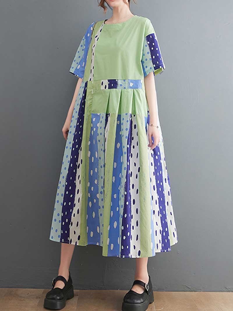 Polka Dot Print Round-Neck Short Sleeves A-Line Dress Dress - Image 9