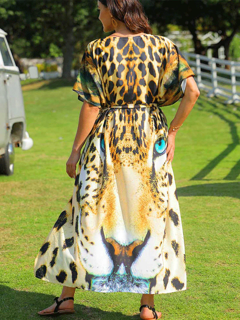 Leopard Print Yellow Leopard Color Polyester Long Length Gown Kimono Duster Robe - Image 5