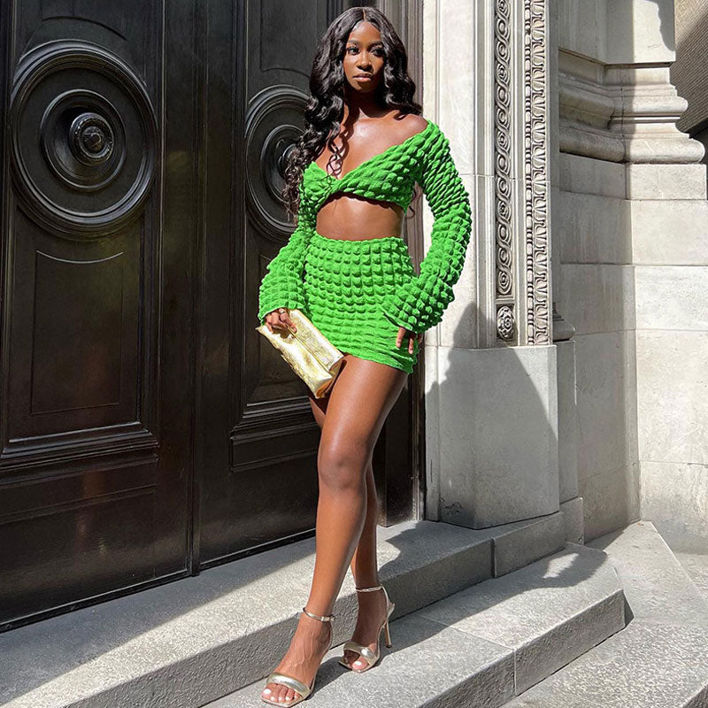 Popcorn Ruched Twist Crop Top Bodycon Mini Skirt Matching Set - Green - Image 2