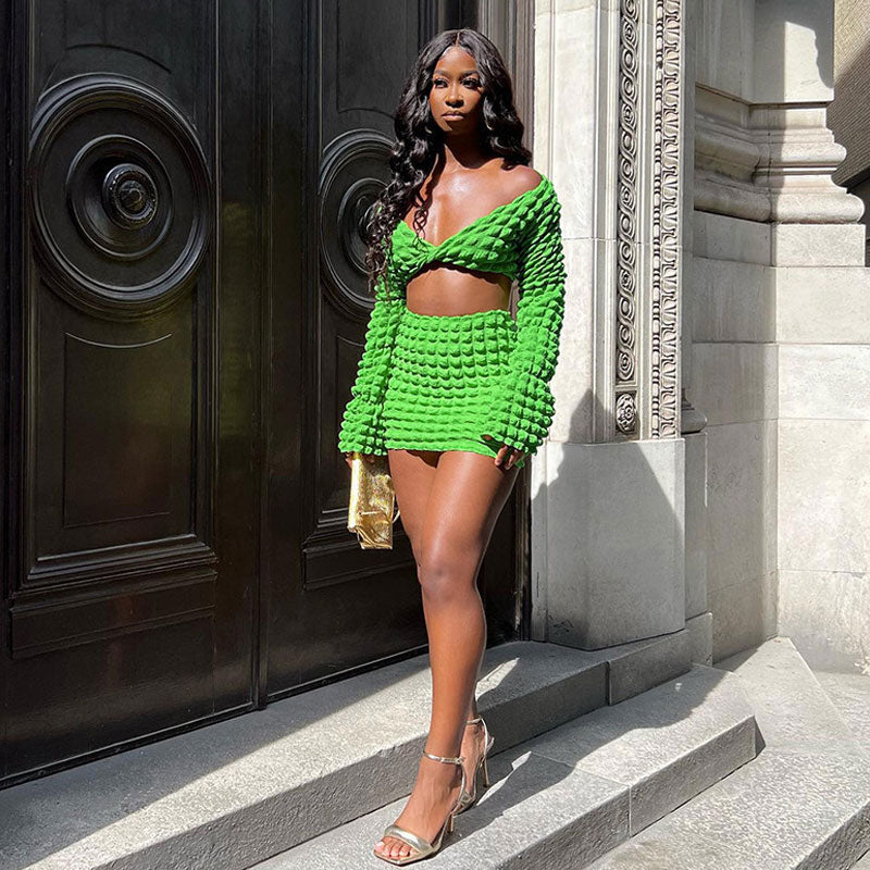 Popcorn Ruched Twist Crop Top Bodycon Mini Skirt Matching Set - Green - Image 3