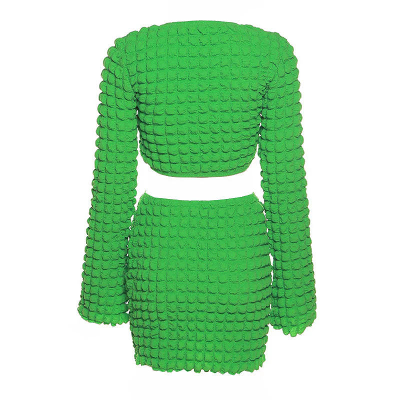 Popcorn Ruched Twist Crop Top Bodycon Mini Skirt Matching Set - Green - Image 4