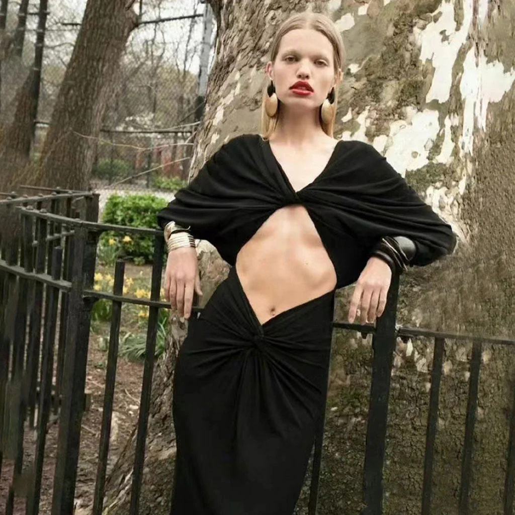 Posh Draped Plunge Twist CutOut Padded Long Sleeve Ruched Maxi Evening Dress - Image 2