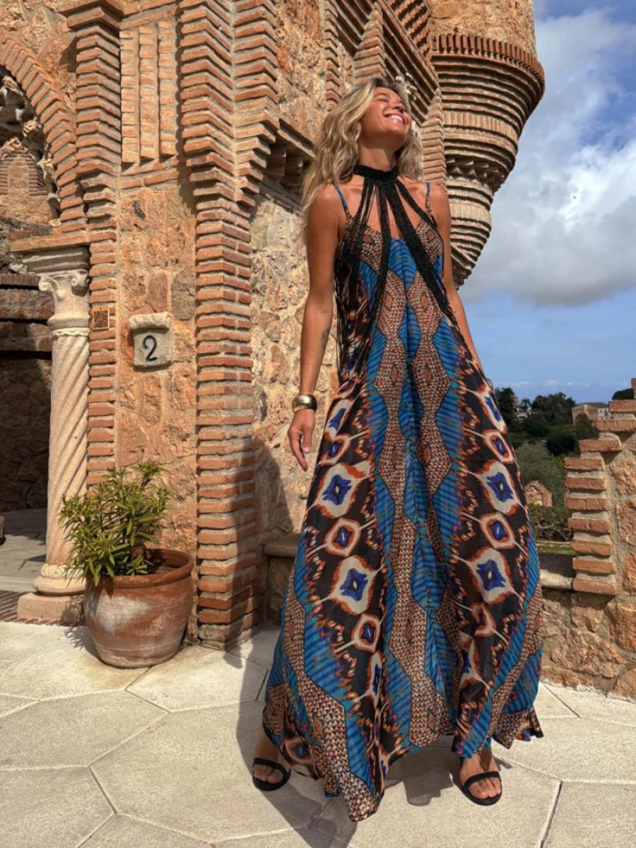 Positioning Print Suspender Long Skirt Dress - Image 3