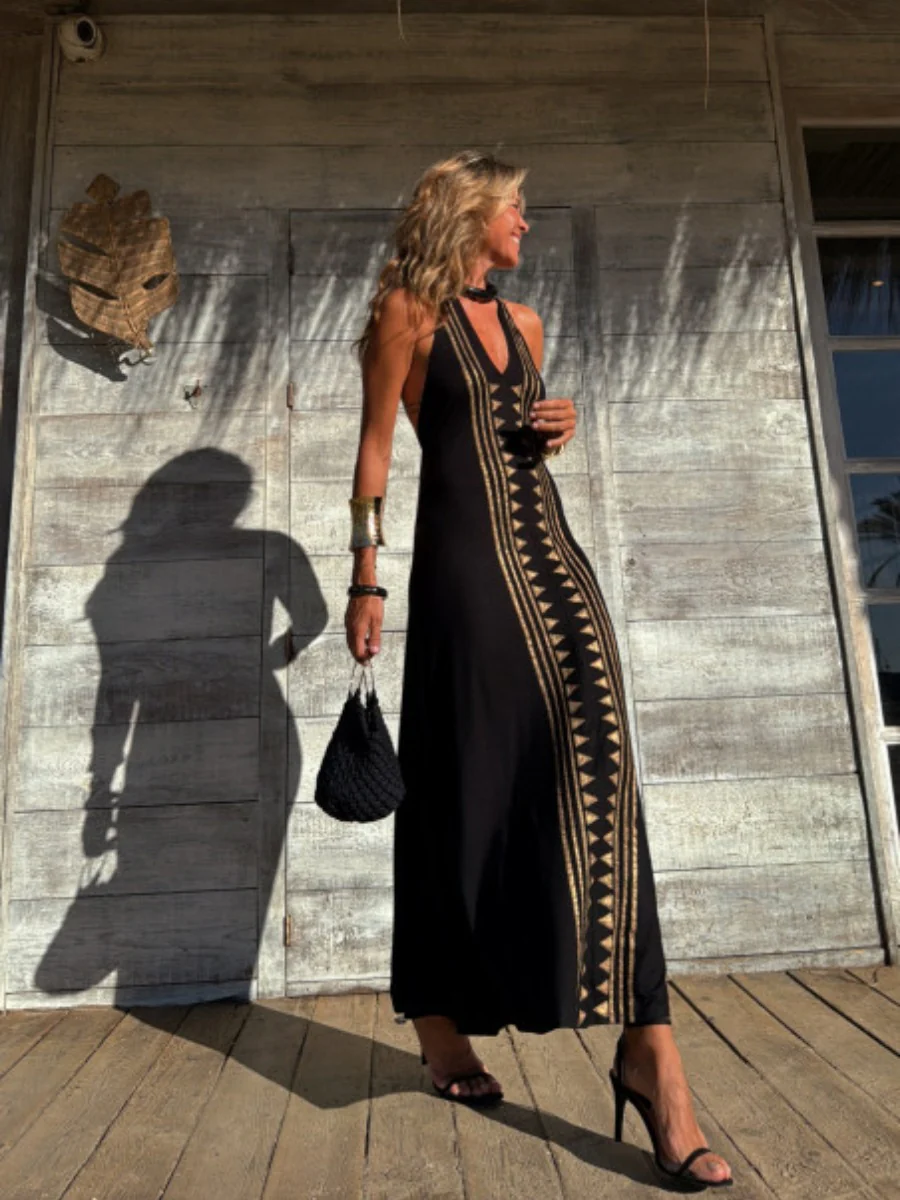 Positioning Print V-Neck Halter Back Long Dress - Image 2