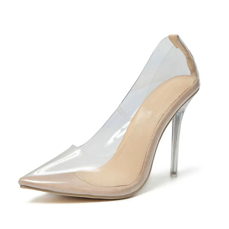 Powerful Transparent Pointed Toe High Heel Suede Trim Pumps - Apricot - Image 4