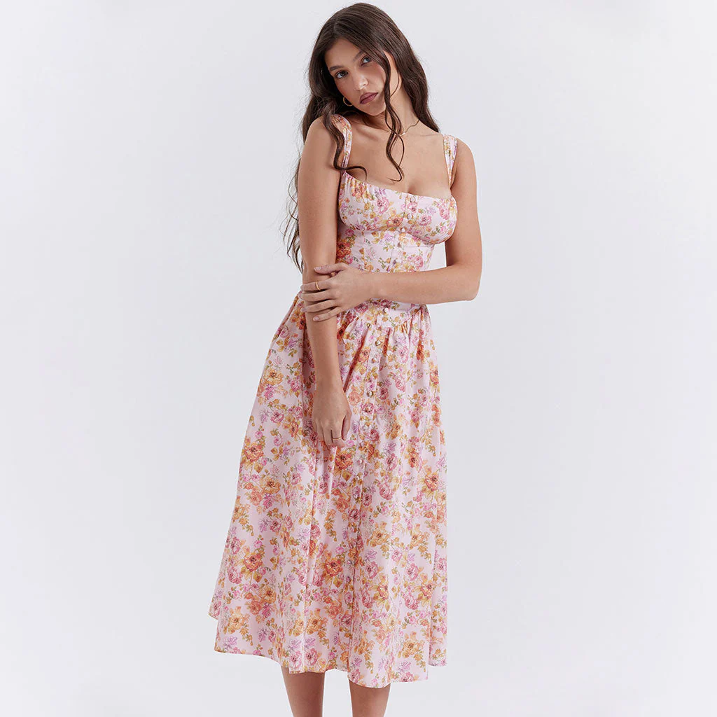 Prairie Printed Square Neck Button Detail Drop Waist Lace Up Back Midi Floral SunDress - Image 3
