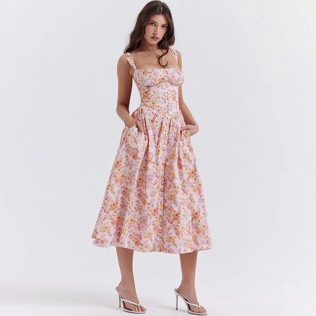 Prairie Printed Square Neck Button Detail Drop Waist Lace Up Back Midi Floral SunDress - Image 4