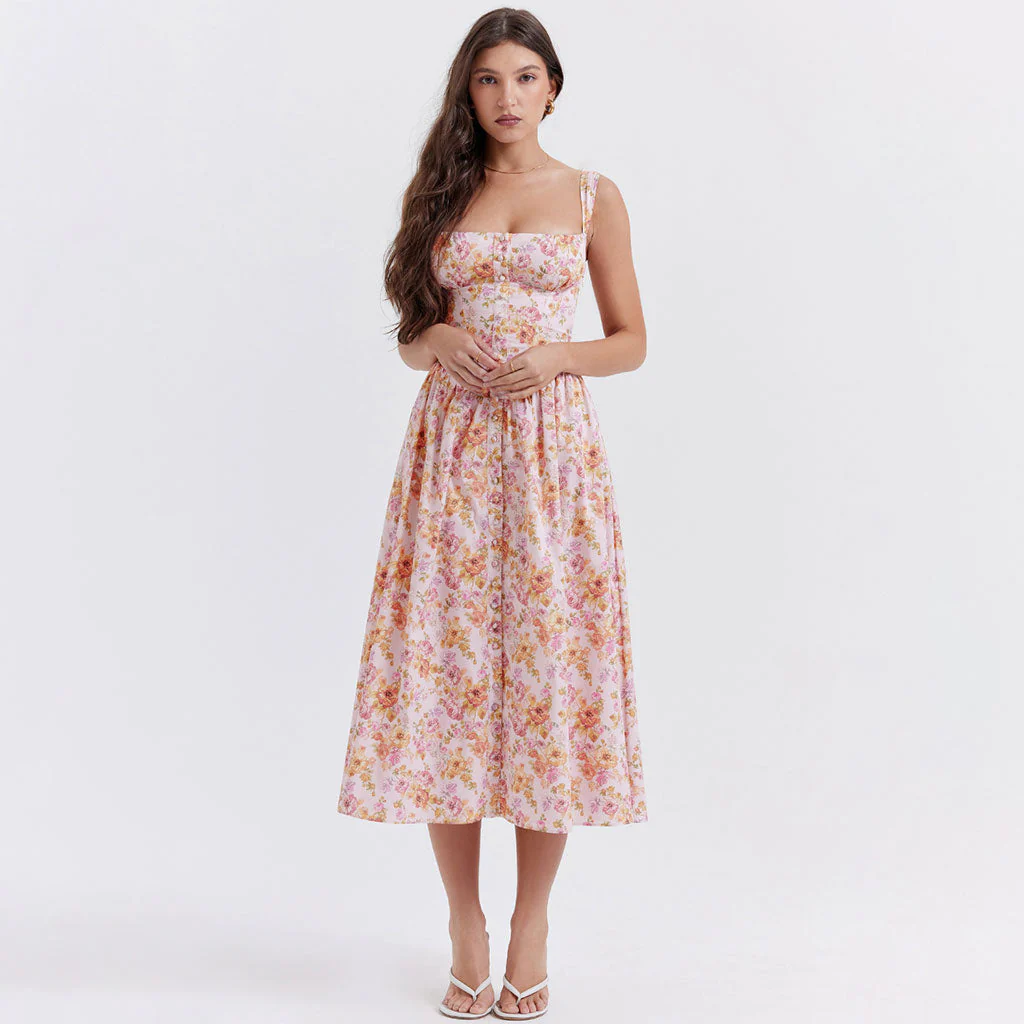 Prairie Printed Square Neck Button Detail Drop Waist Lace Up Back Midi Floral SunDress - Image 5