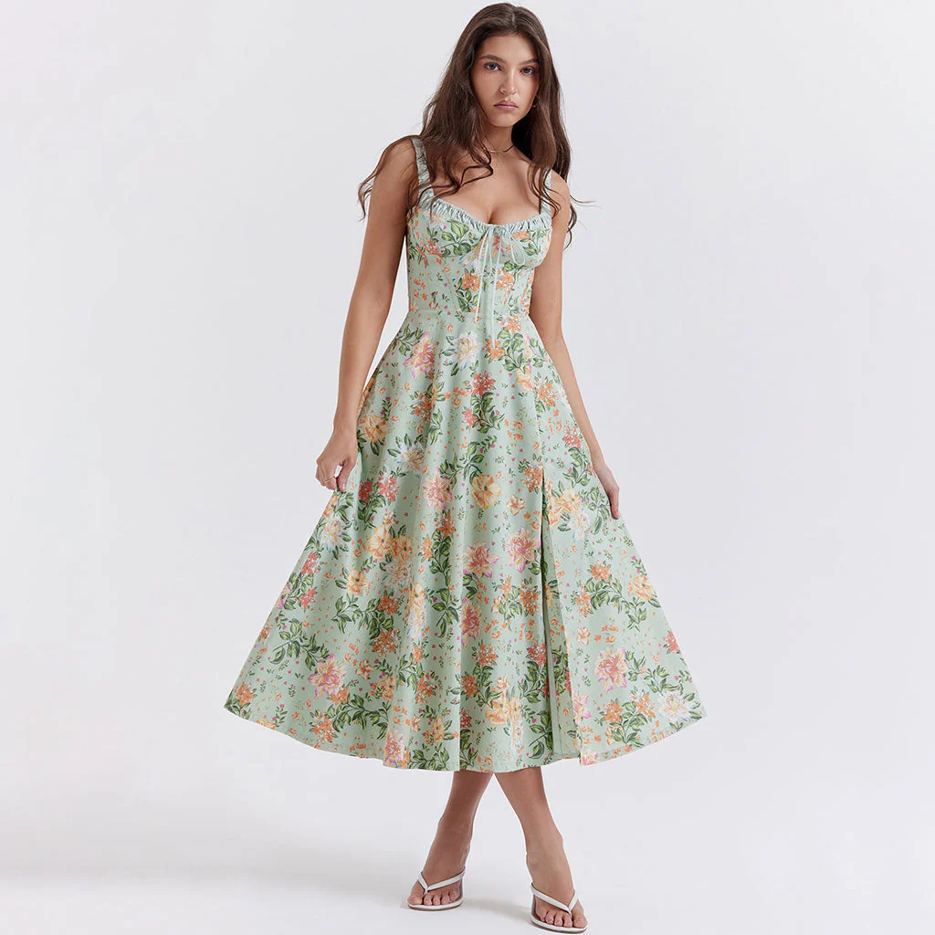 Prairie Printed Tie Neck Bustier Ruched Strap Fit and Flare Split Midi Floral SunDress - Image 2