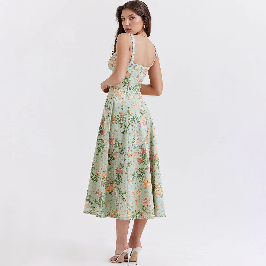 Prairie Printed Tie Neck Bustier Ruched Strap Fit and Flare Split Midi Floral SunDress - Image 3