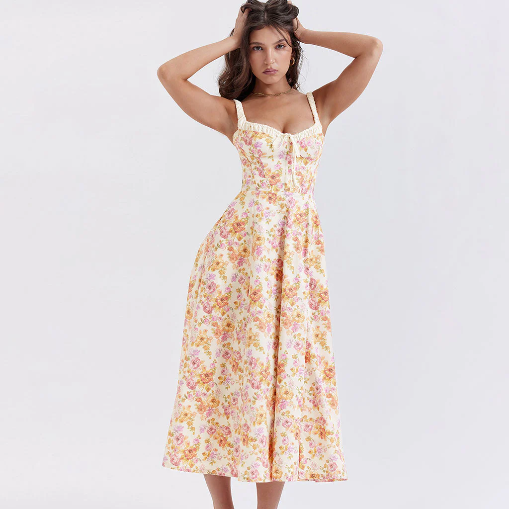 Prairie Printed Tie Neck Bustier Ruched Strap Fit and Flare Split Midi Floral SunDress - Image 4