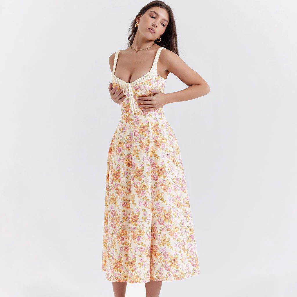 Prairie Printed Tie Neck Bustier Ruched Strap Fit and Flare Split Midi Floral SunDress - Image 5