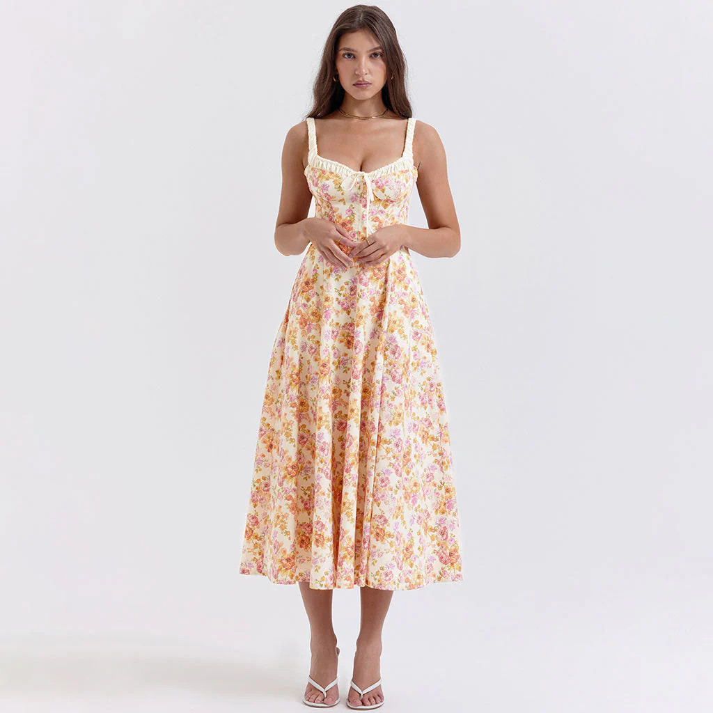 Prairie Printed Tie Neck Bustier Ruched Strap Fit and Flare Split Midi Floral SunDress - Image 6