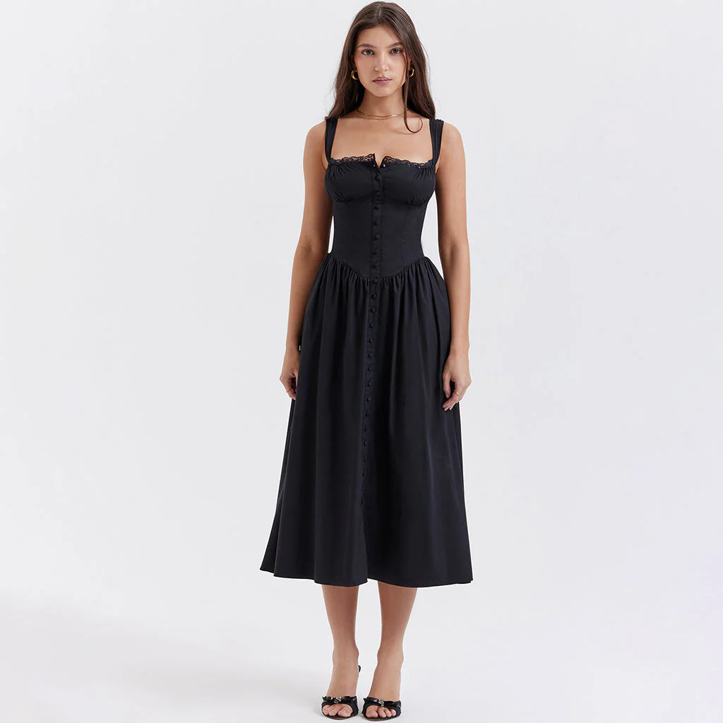 Prairie Style Square Neck Bustier Button Trim Drop Waist Side Pocket Midi SunDress - Image 3