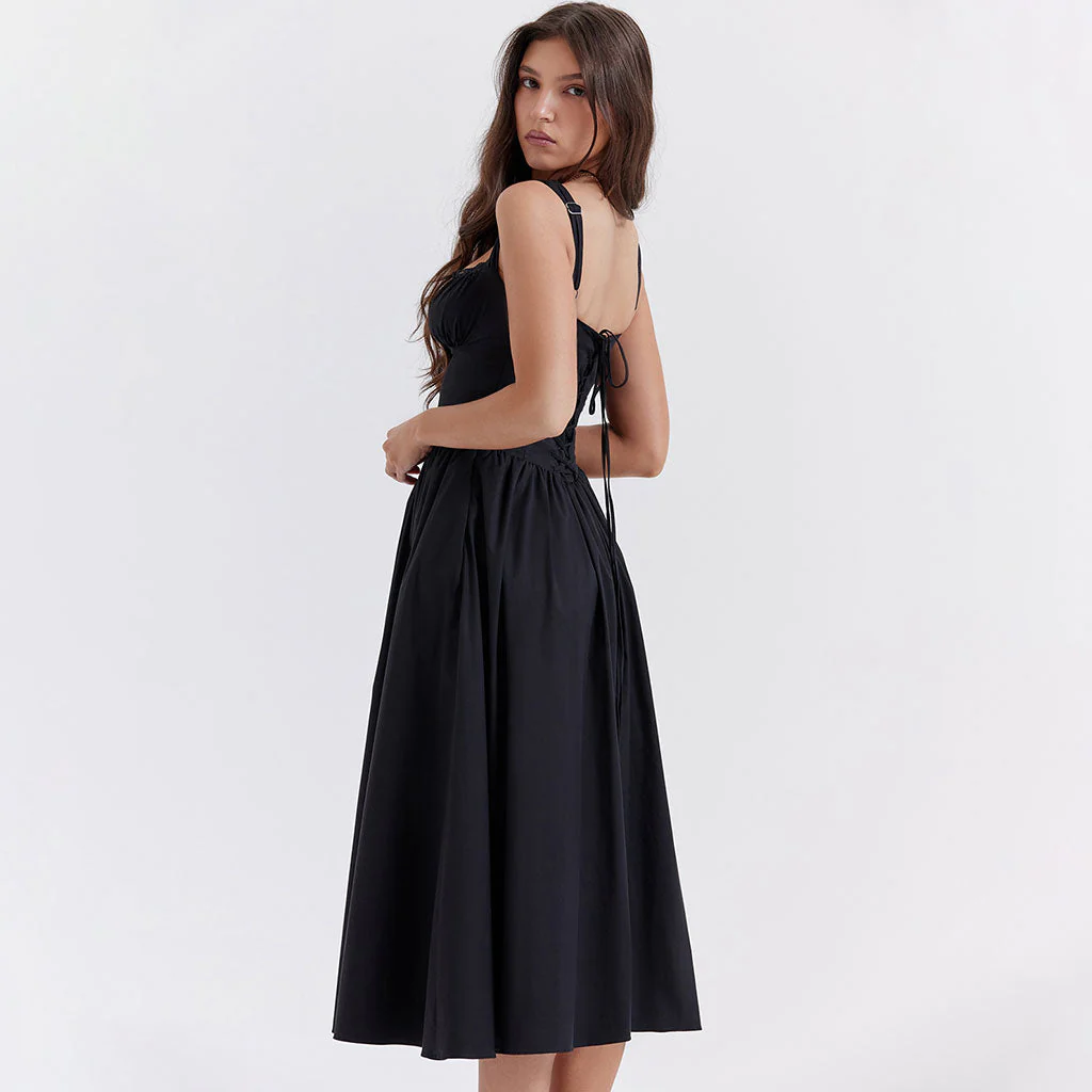 Prairie Style Square Neck Bustier Button Trim Drop Waist Side Pocket Midi SunDress - Image 4