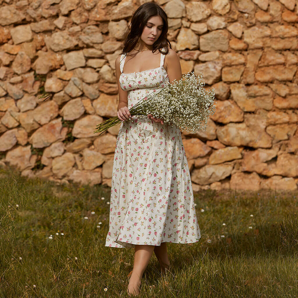 Prairie Style Square Neck Bustier Button Trim Drop Waist Side Pocket Midi SunDress - Image 5