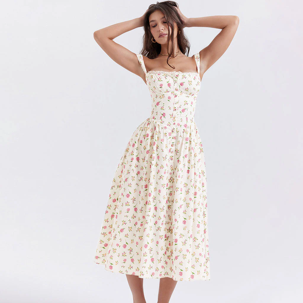 Prairie Style Square Neck Bustier Button Trim Drop Waist Side Pocket Midi SunDress - Image 6