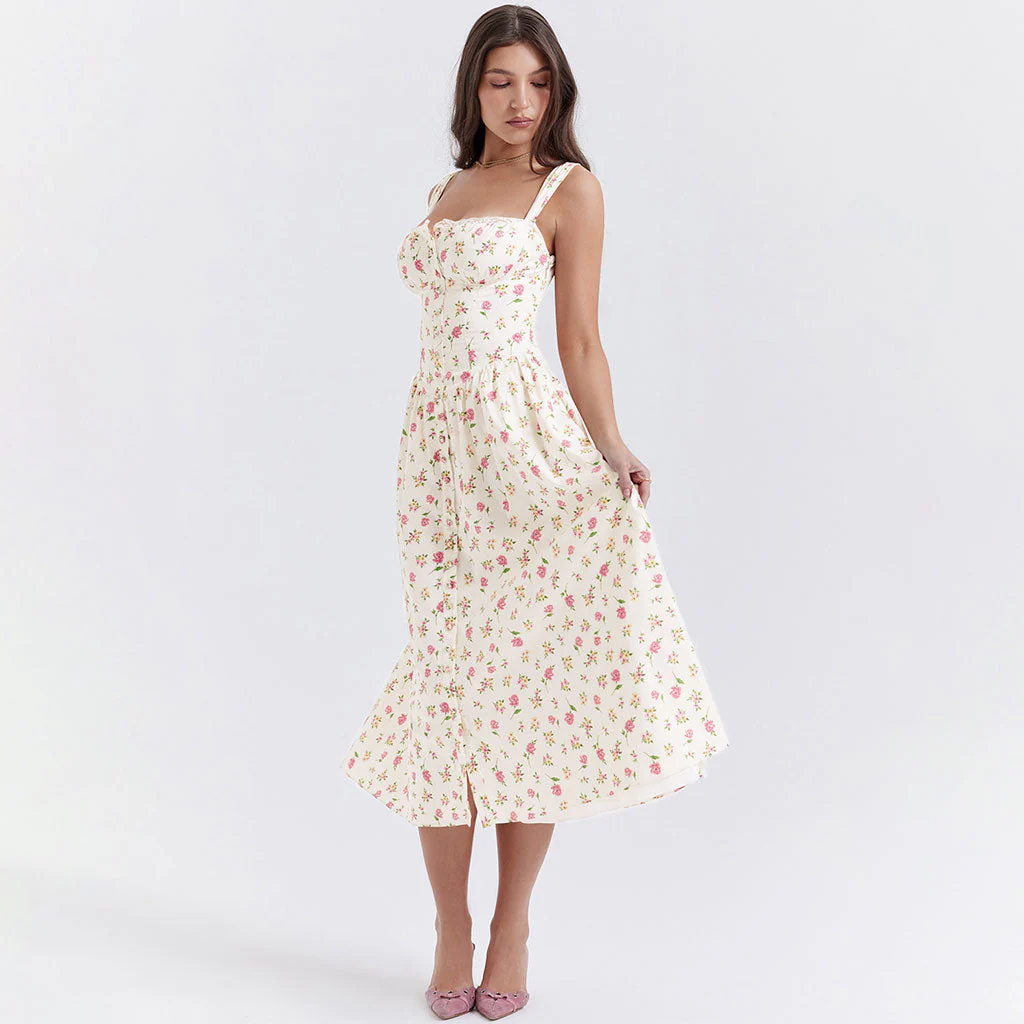 Prairie Style Square Neck Bustier Button Trim Drop Waist Side Pocket Midi SunDress - Image 7