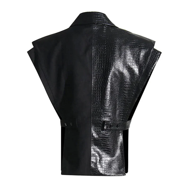 Premium Crocodile Pattern Notch Lapel Single Button Cotton Blend Leather Vest - Image 2