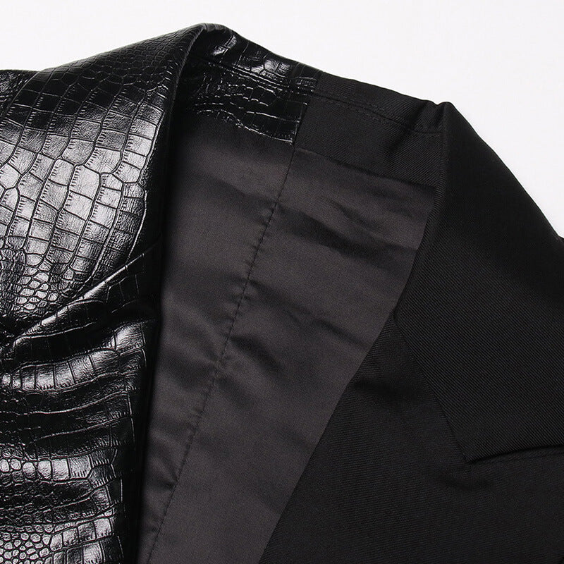 Premium Crocodile Pattern Notch Lapel Single Button Cotton Blend Leather Vest - Image 3