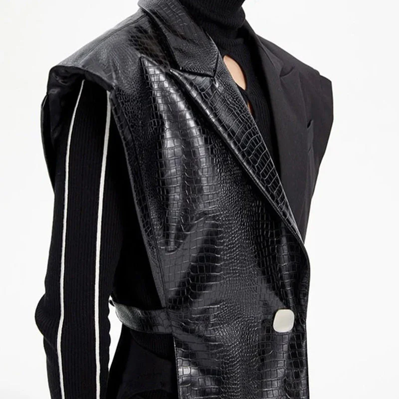 Premium Crocodile Pattern Notch Lapel Single Button Cotton Blend Leather Vest - Image 5