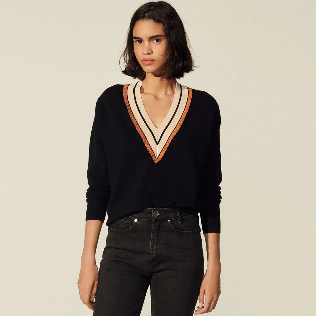 Preppy Striped Deep V Cashmere Blend Pullover Sweater - Black - Image 2