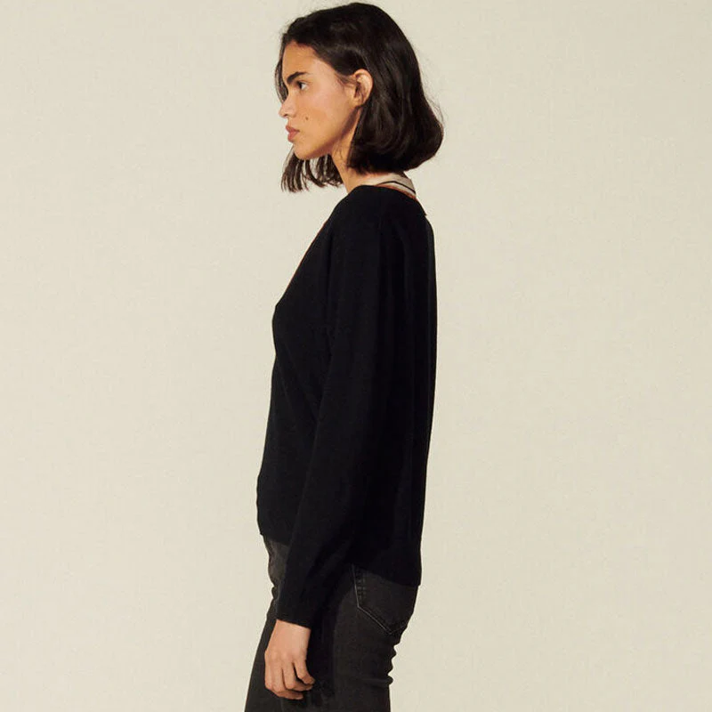 Preppy Striped Deep V Cashmere Blend Pullover Sweater - Black - Image 3