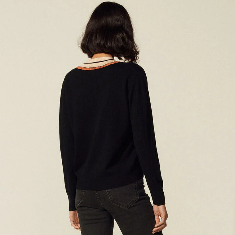 Preppy Striped Deep V Cashmere Blend Pullover Sweater - Black - Image 4