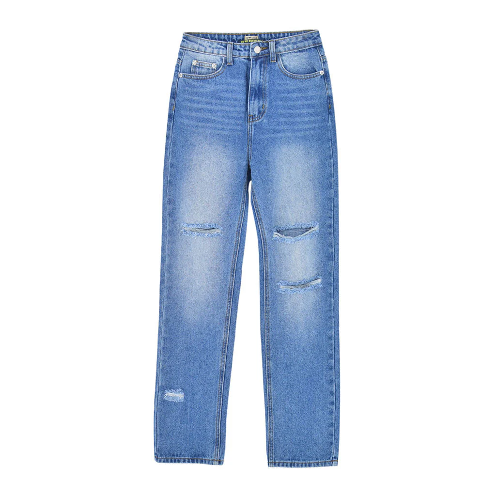 Preppy Style Cut Out High Waist Frayed Straight Leg Jeans - Blue - Image 4