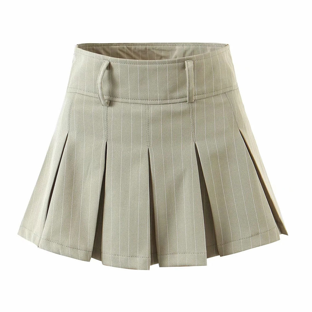 Preppy Style Stripe Print High Waist Pleated Mini Skirt - Khaki - Image 2