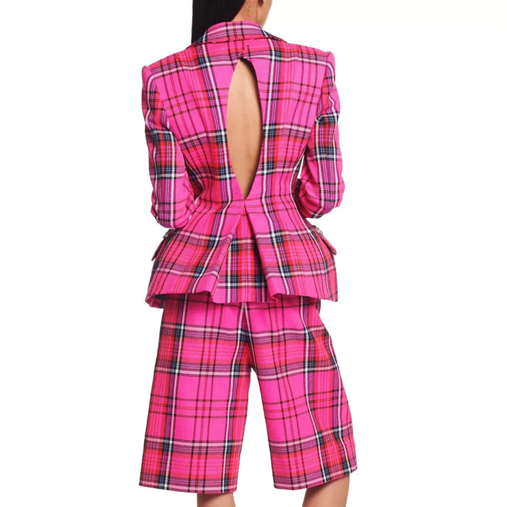 Preppy Sweetheart Crystal Embellished CutOut Checkered Peplum Blazer - Pink - Image 2