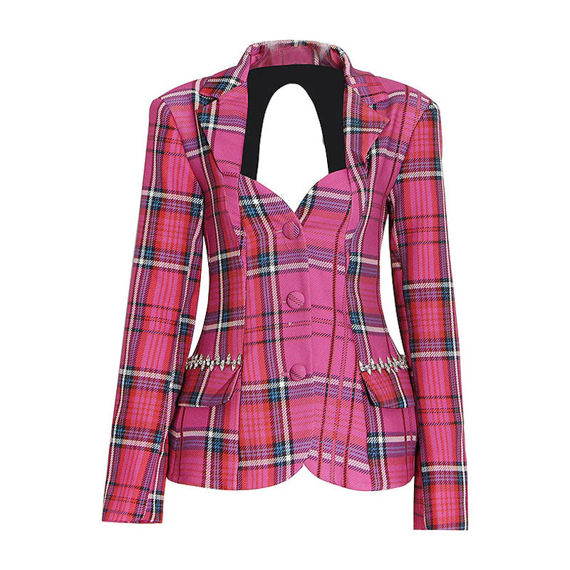 Preppy Sweetheart Crystal Embellished CutOut Checkered Peplum Blazer - Pink - Image 3