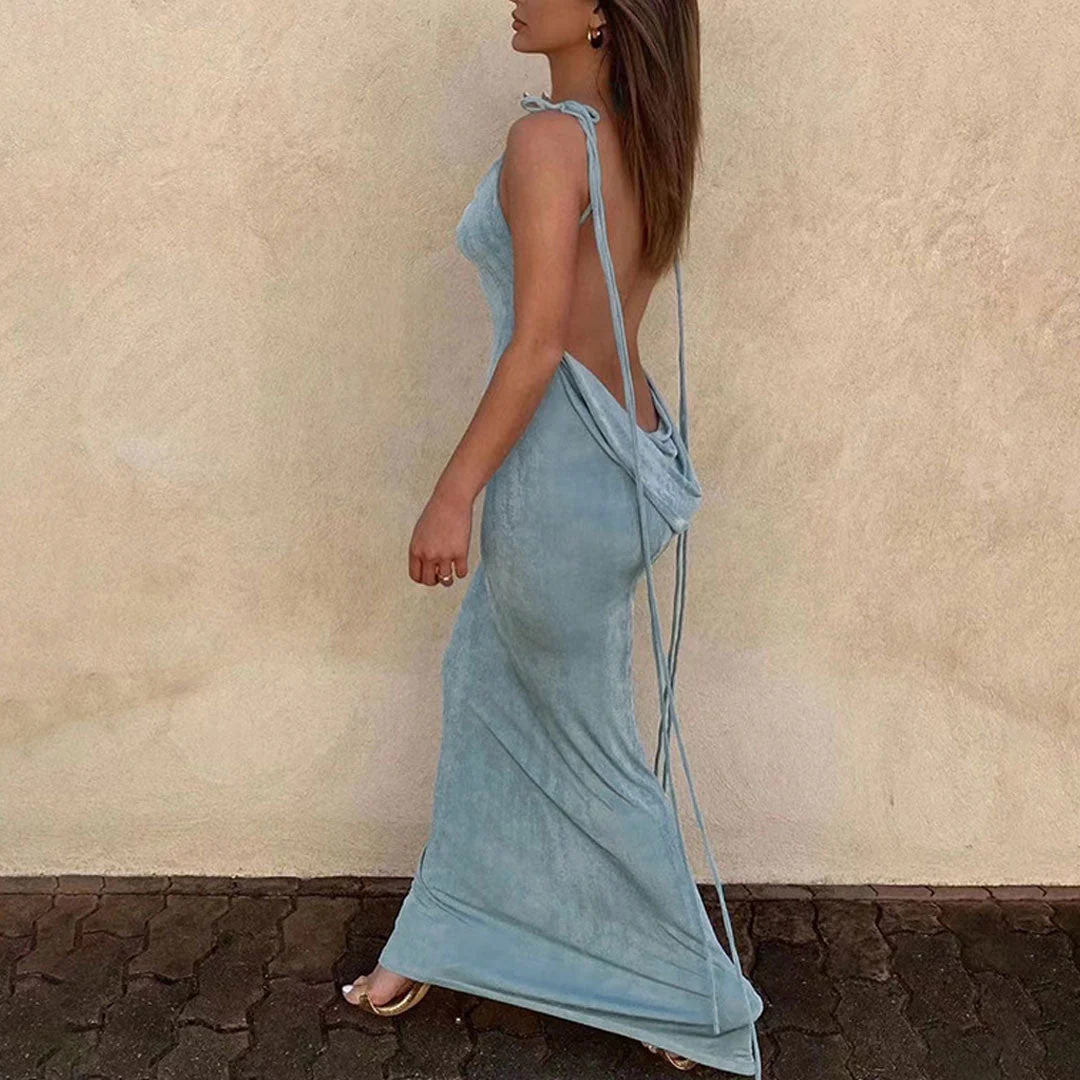 Pretty Cowl Neck Strappy Draped Backless Maxi Dress - Denim Blue - Image 2