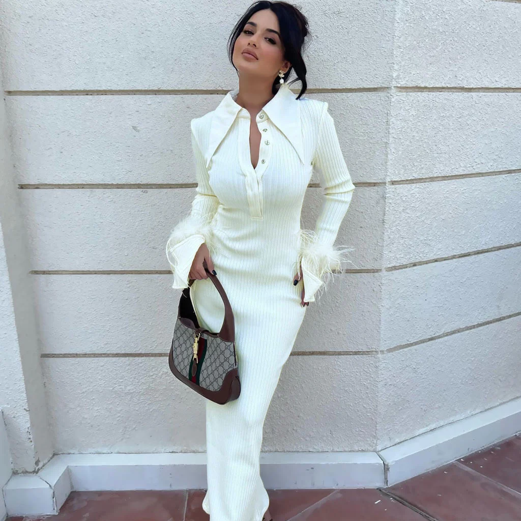 Pretty Feather Trim Pointed Collar Button Down Ribbed Bandage Maxi Dress - YelLow - Image 3